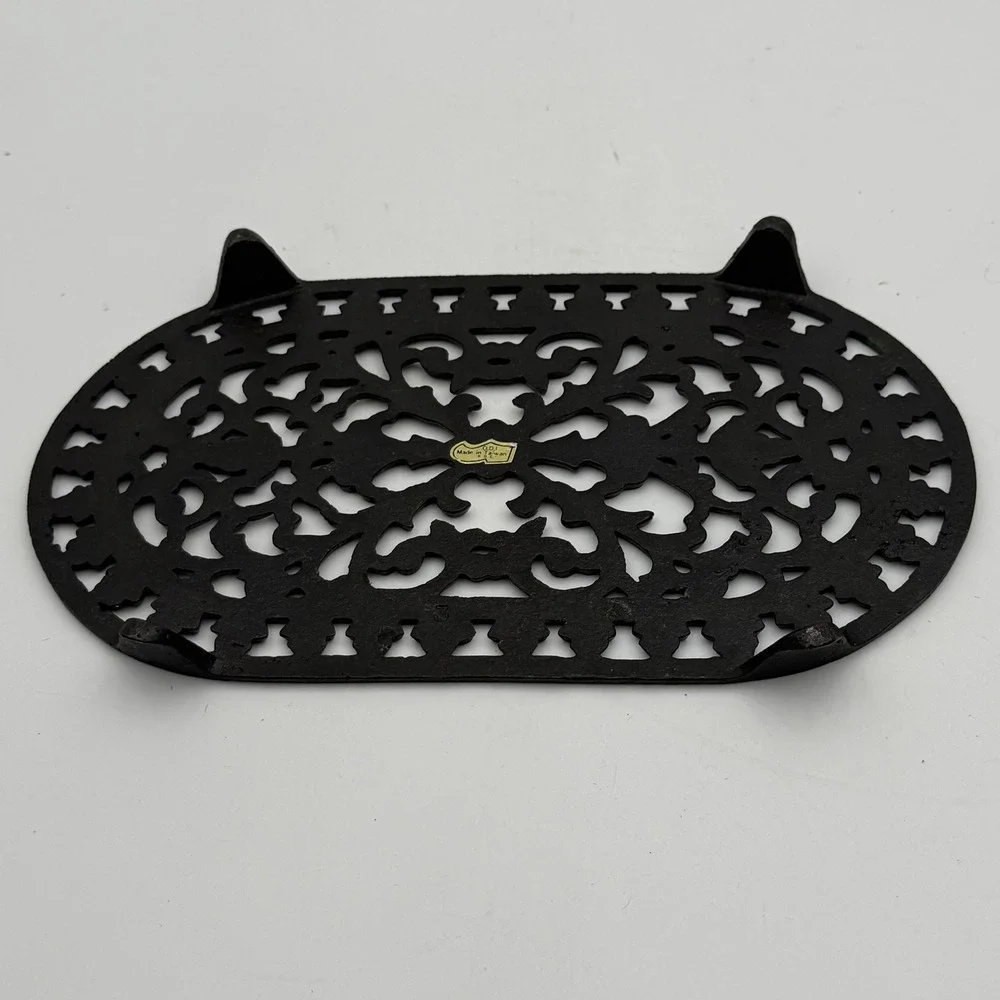 Vintage ODI Cast Iron Trivet Copper Plated Oval Ornate Filigree Scrollwork 9in